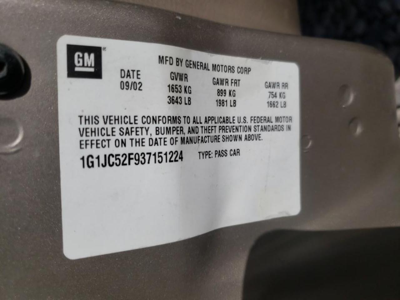 Photo 10 from auction – 2003 CHEVROLET CAVALIER with VIN 1G1JC52F937151224