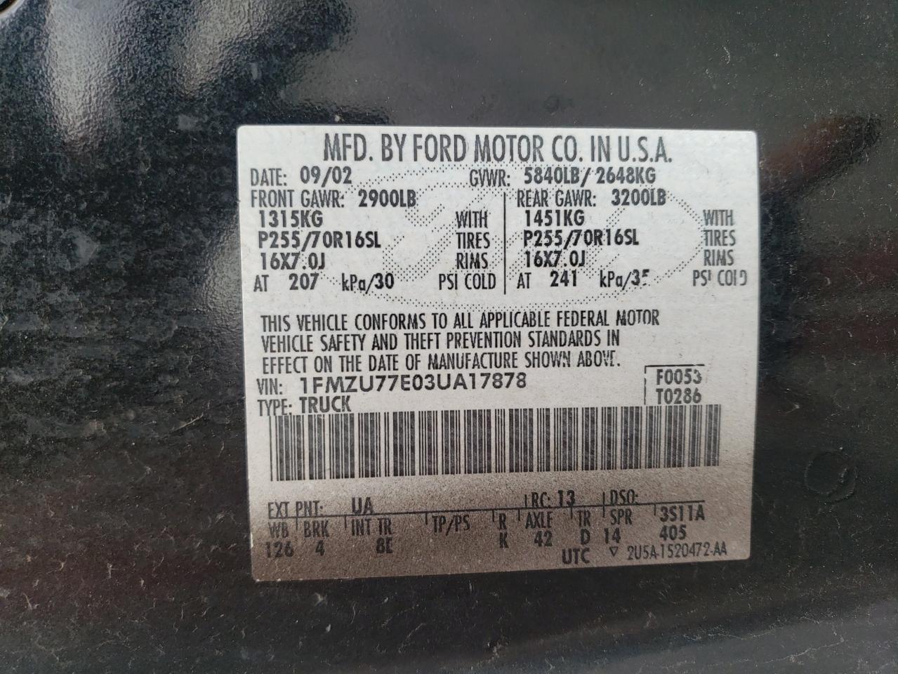 Photo 10 from auction – 2003 FORD EXPLORER S with VIN 1FMZU77E03UA17878