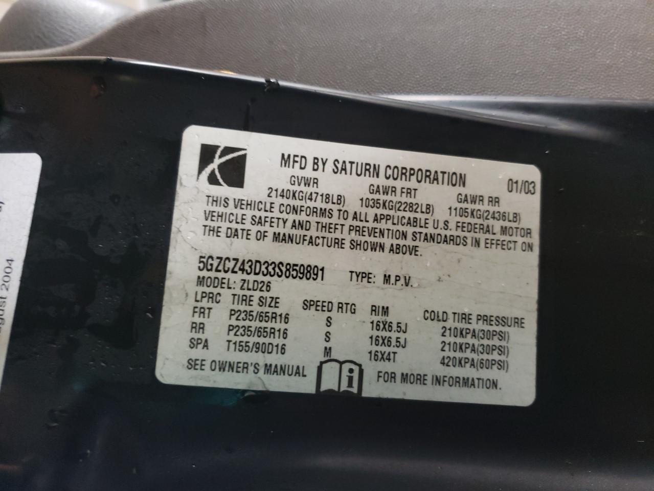 Photo 10 from auction – 2003 SATURN VUE with VIN 5GZCZ43D33S859891