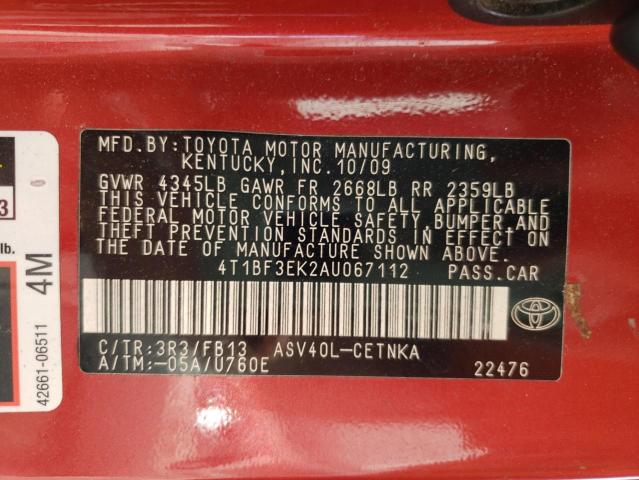 Photo 10 from auction – 2010 TOYOTA CAMRY BASE with VIN 4T1BF3EK2AU067112