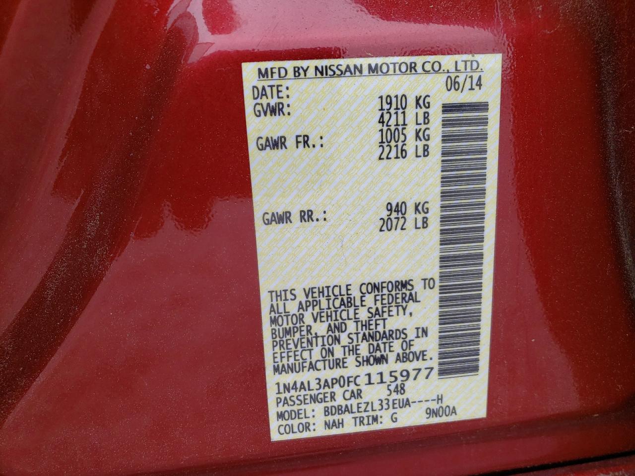 Photo 10 from auction – 2015 NISSAN ALTIMA 2.5 with VIN 1N4AL3AP0FC115977
