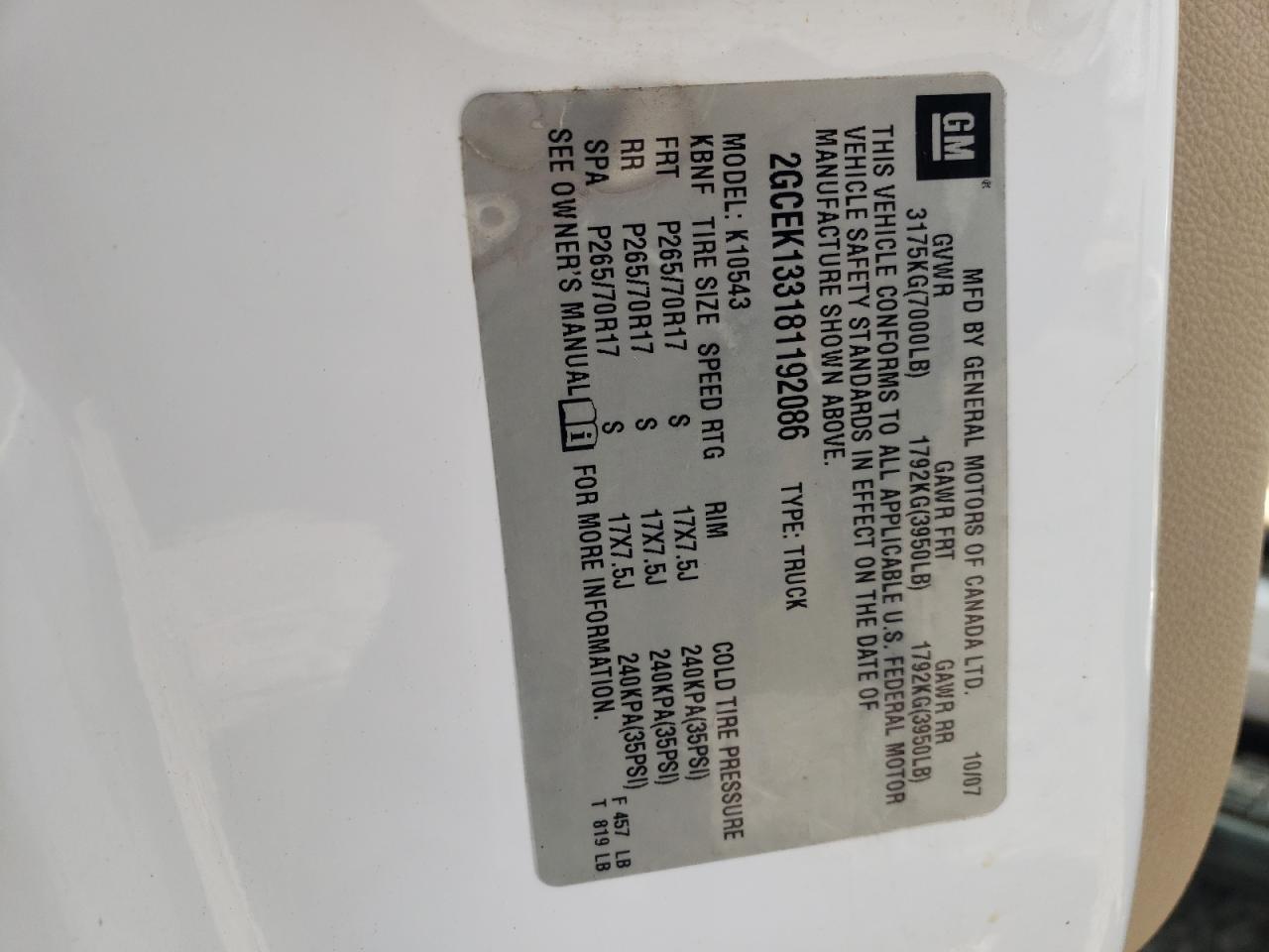 Zdjęcie 10 z aukcji – 2008 CHEVROLET silverado z VIN 2GCEK133181192086