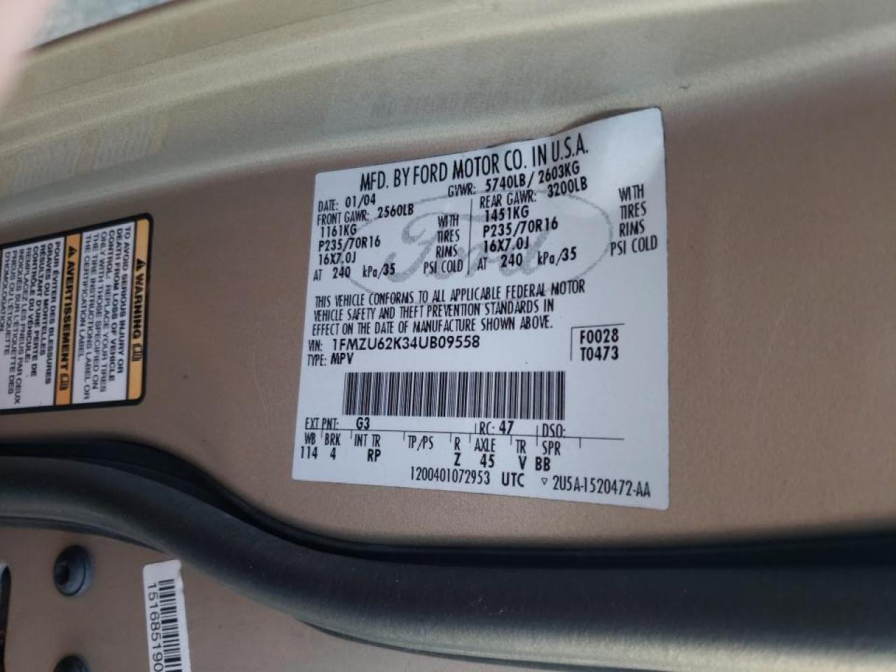 Photo 20 from auction – 2004 FORD EXPLORER X with VIN 1FMZU62K34UB09558
