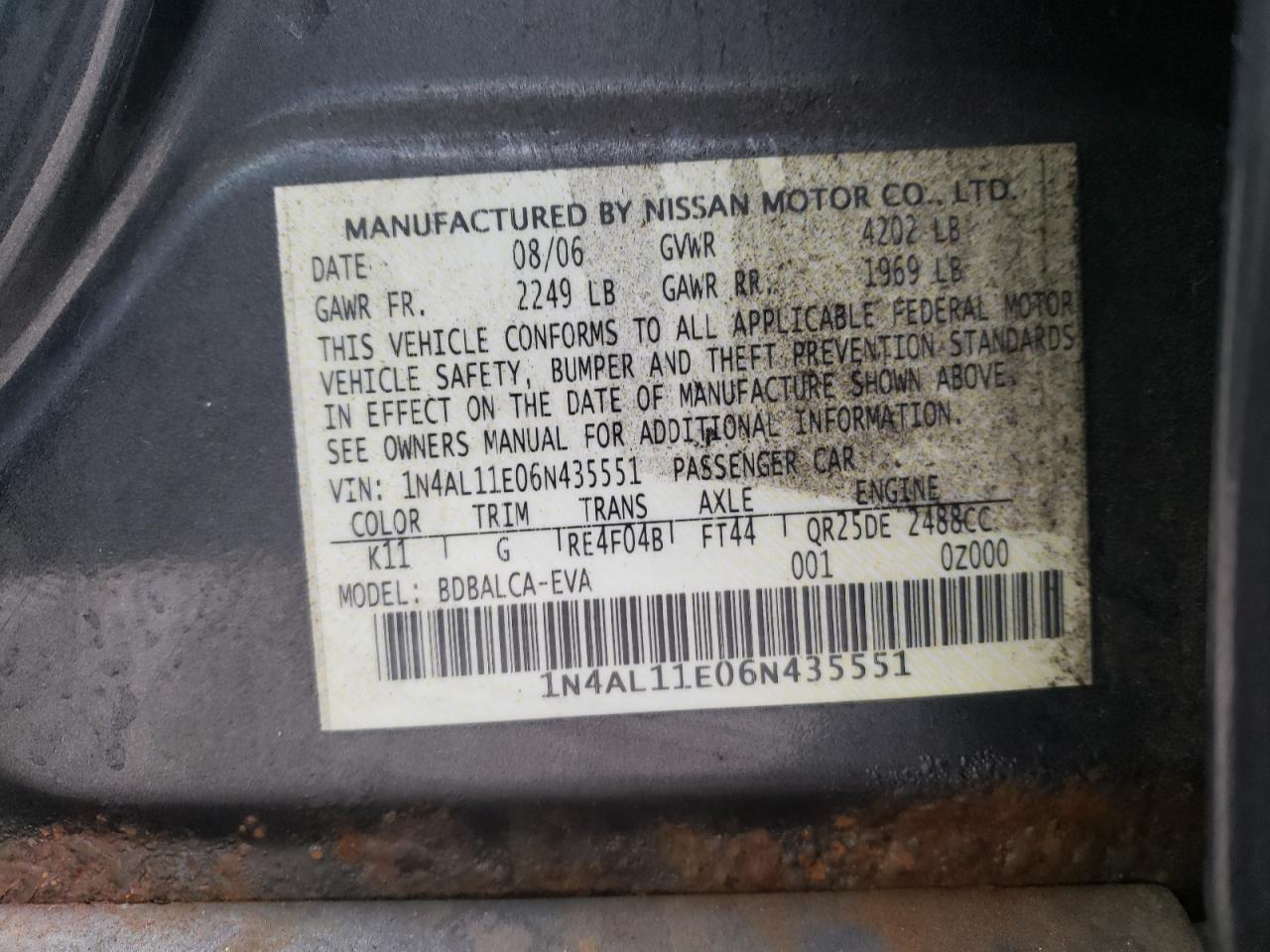 Photo 10 from auction – 2006 NISSAN ALTIMA S with VIN 1N4AL11E06N435551