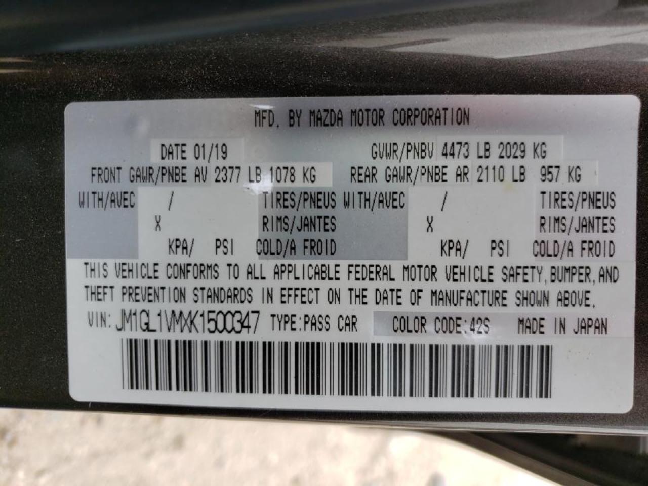 Photo 10 from auction – 2019 MAZDA 6 TOURING with VIN JM1GL1VMXK1500347