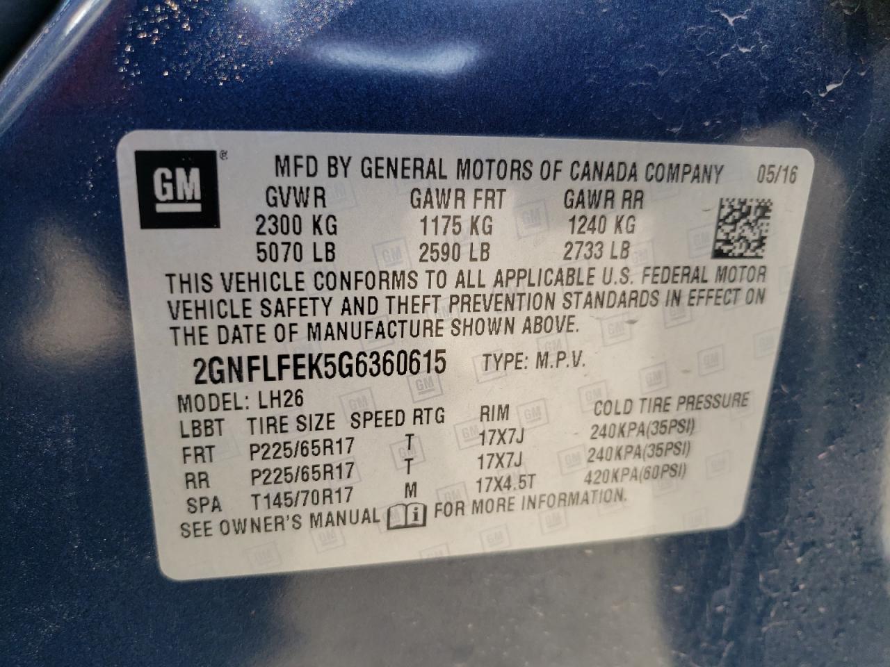 Photo 10 from auction – 2016 CHEVROLET EQUINOX LT with VIN 2GNFLFEK5G6360615