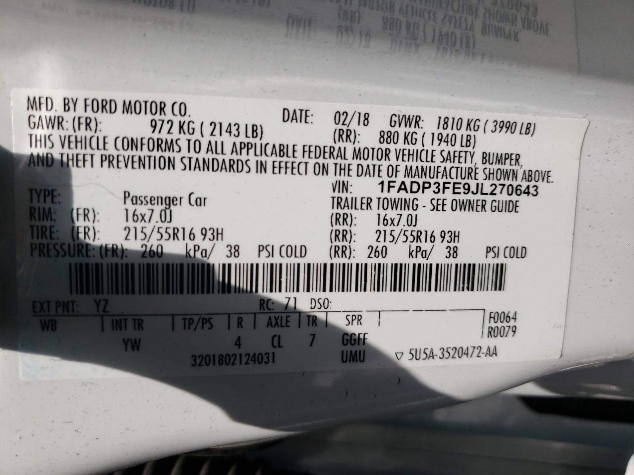 Photo 10 from auction – 2018 FORD FOCUS SE with VIN 1FADP3FE9JL270643