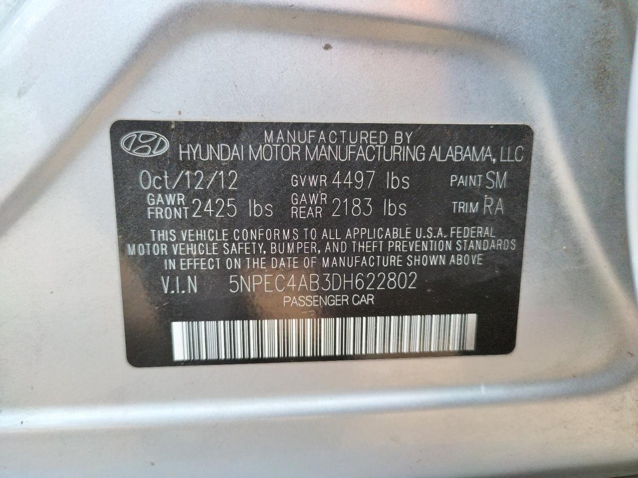 Photo 10 from auction – 2013 HYUNDAI SONATA SE with VIN 5NPEC4AB3DH622802