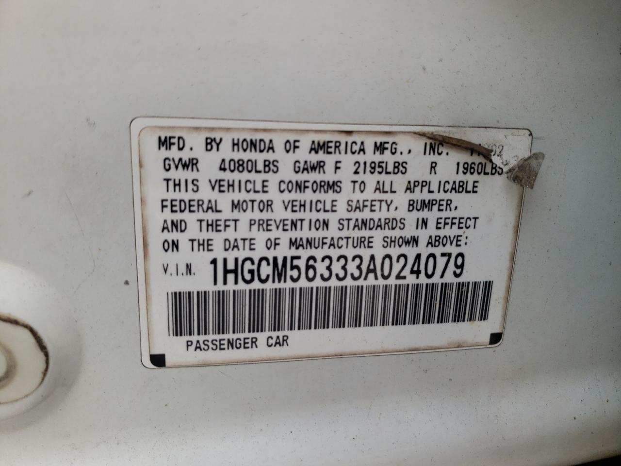 Photo 10 from auction – 2003 HONDA ACCORD LX with VIN 1HGCM56333A024079