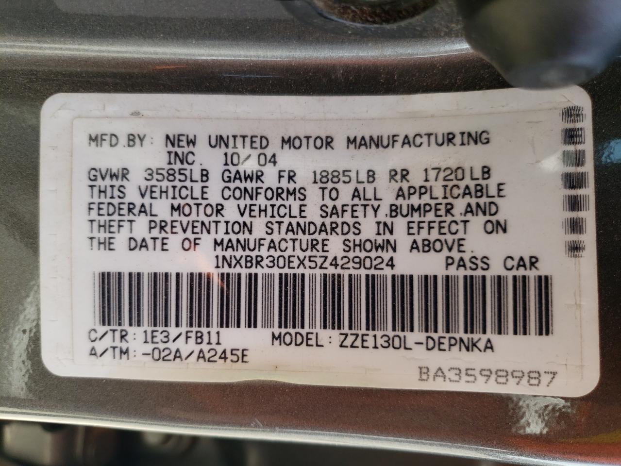 Photo 10 from auction – 2005 TOYOTA COROLLA CE with VIN 1NXBR30EX5Z429024