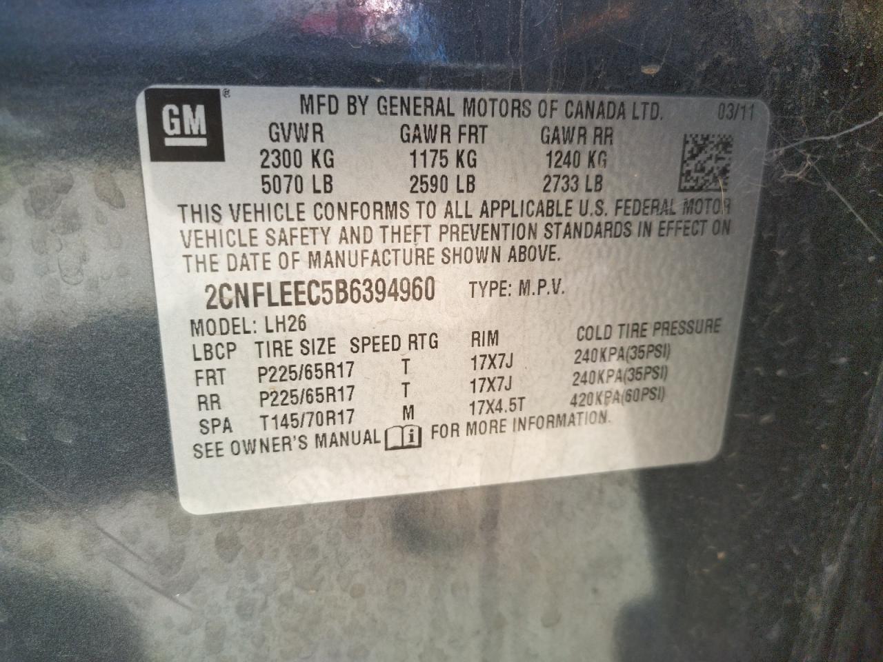 Photo 10 from auction – 2011 CHEVROLET EQUINOX LT with VIN 2CNFLEEC5B6394960