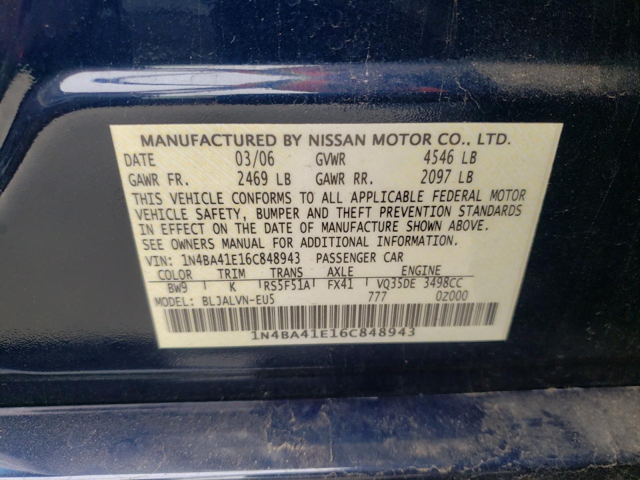 Photo 10 from auction – 2006 NISSAN MAXIMA SE with VIN 1N4BA41E16C848943