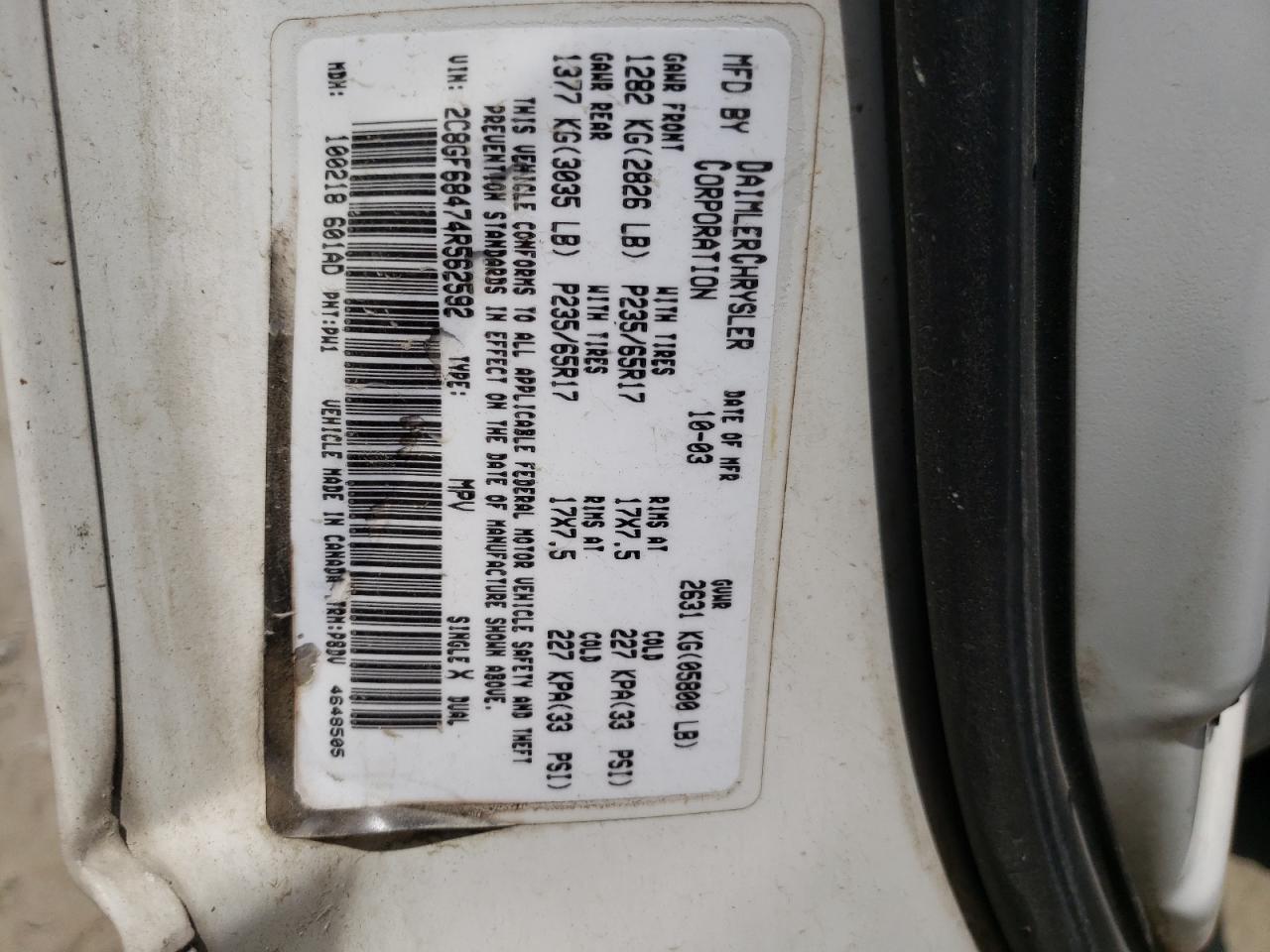 Photo 10 from auction – 2004 CHRYSLER PACIFICA with VIN 2C8GF68474R562592