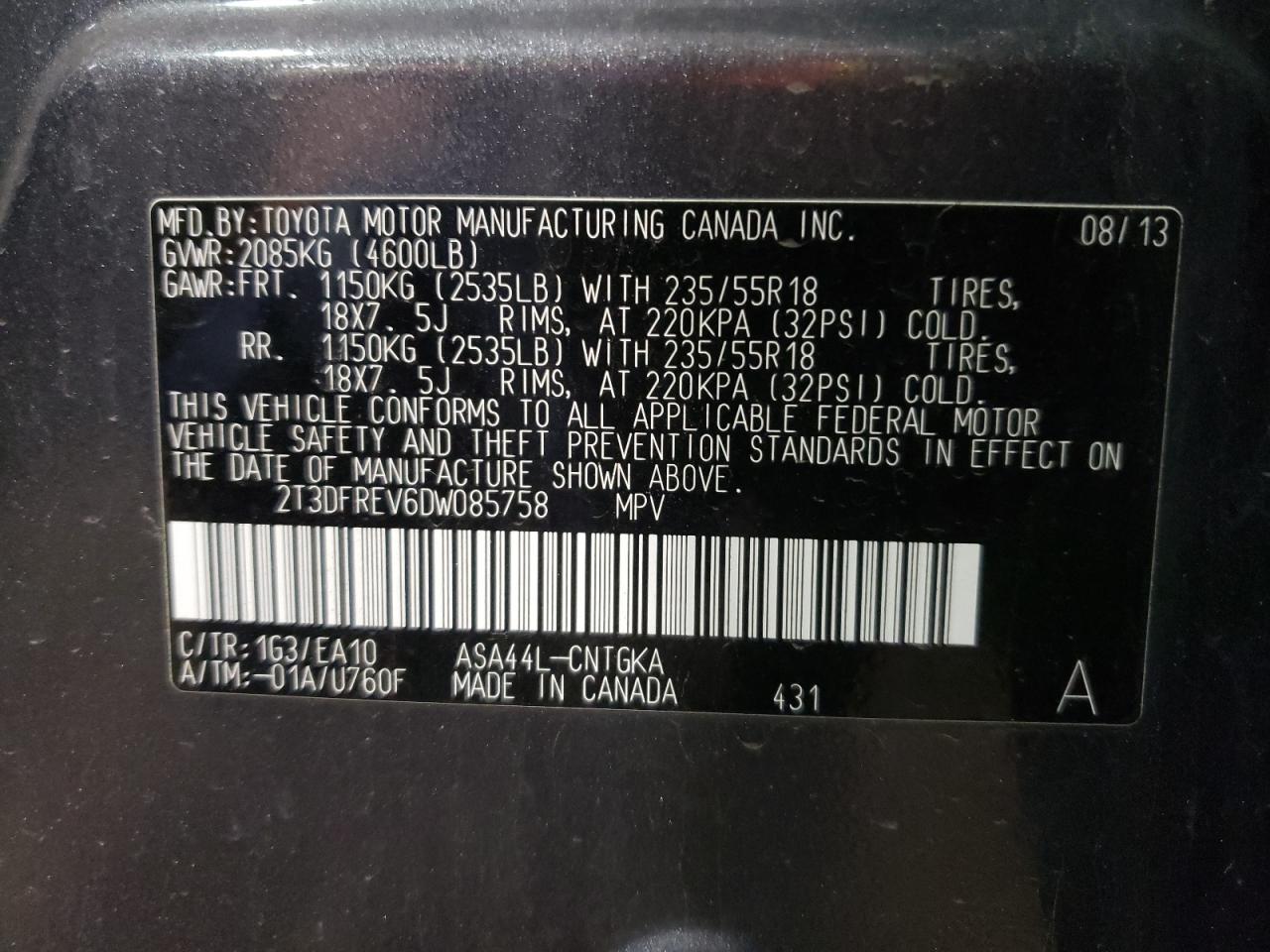 Photo 10 from auction – 2013 TOYOTA RAV4 LIMIT with VIN 2T3DFREV6DW085758