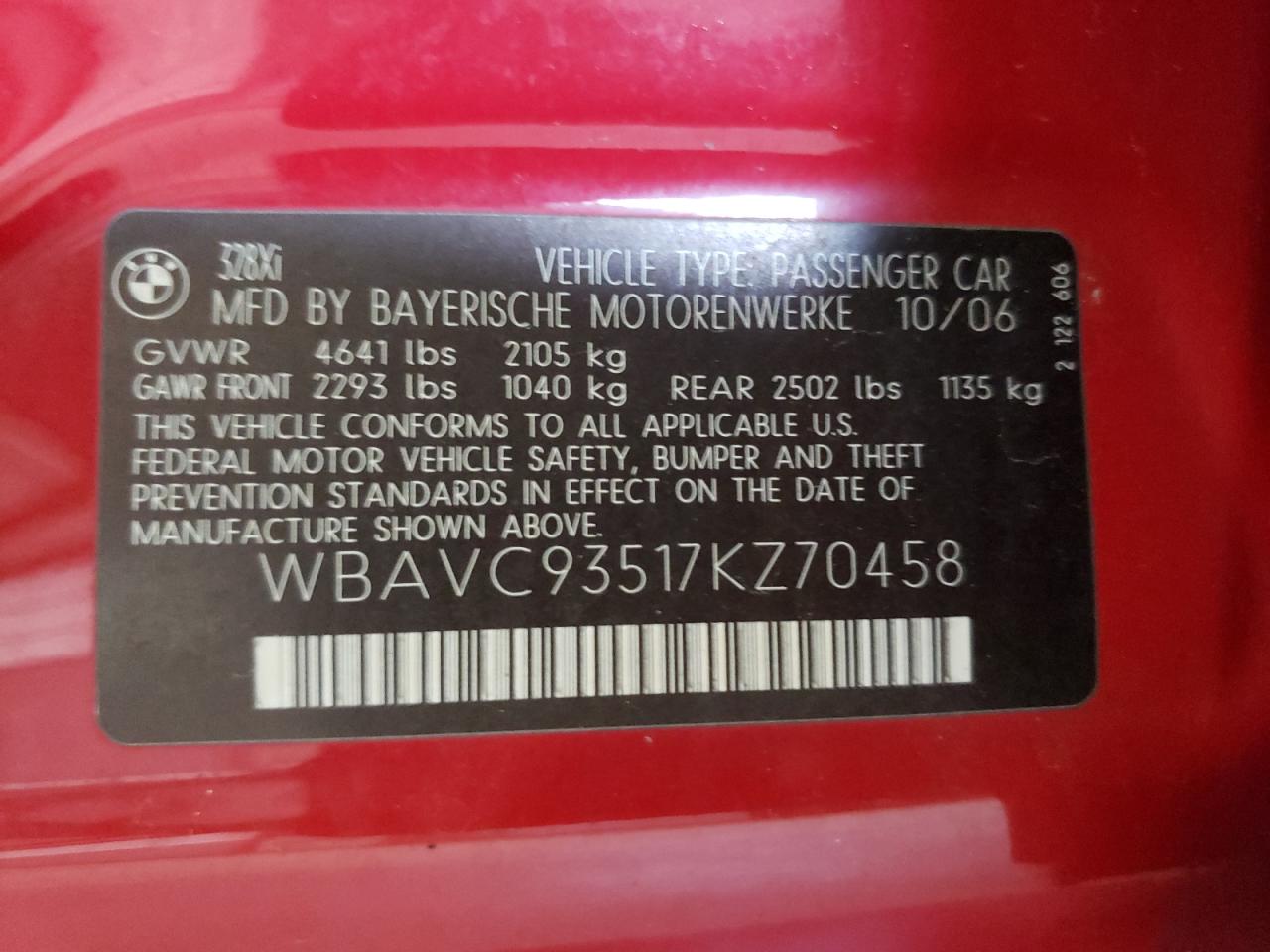 Photo 10 from auction – 2007 BMW 328 XI with VIN WBAVC93517KZ70458