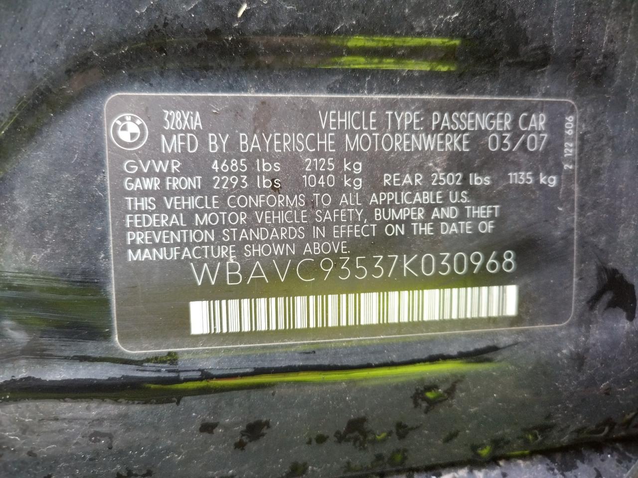 Photo 10 from auction – 2007 BMW 328 XI with VIN WBAVC93537K030968