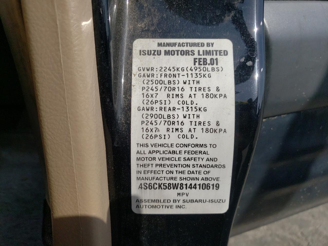 Photo 10 from auction – 2001 HONDA PASSPORT E with VIN 4S6CK58W814410619