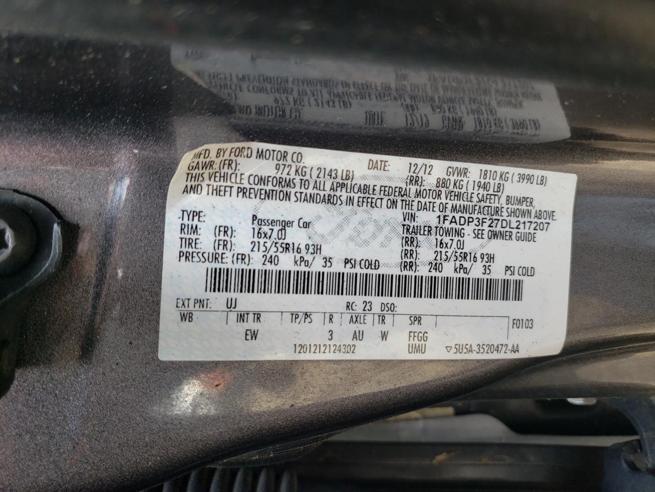 Photo 10 from auction – 2013 FORD FOCUS SE with VIN 1FADP3F27DL217207