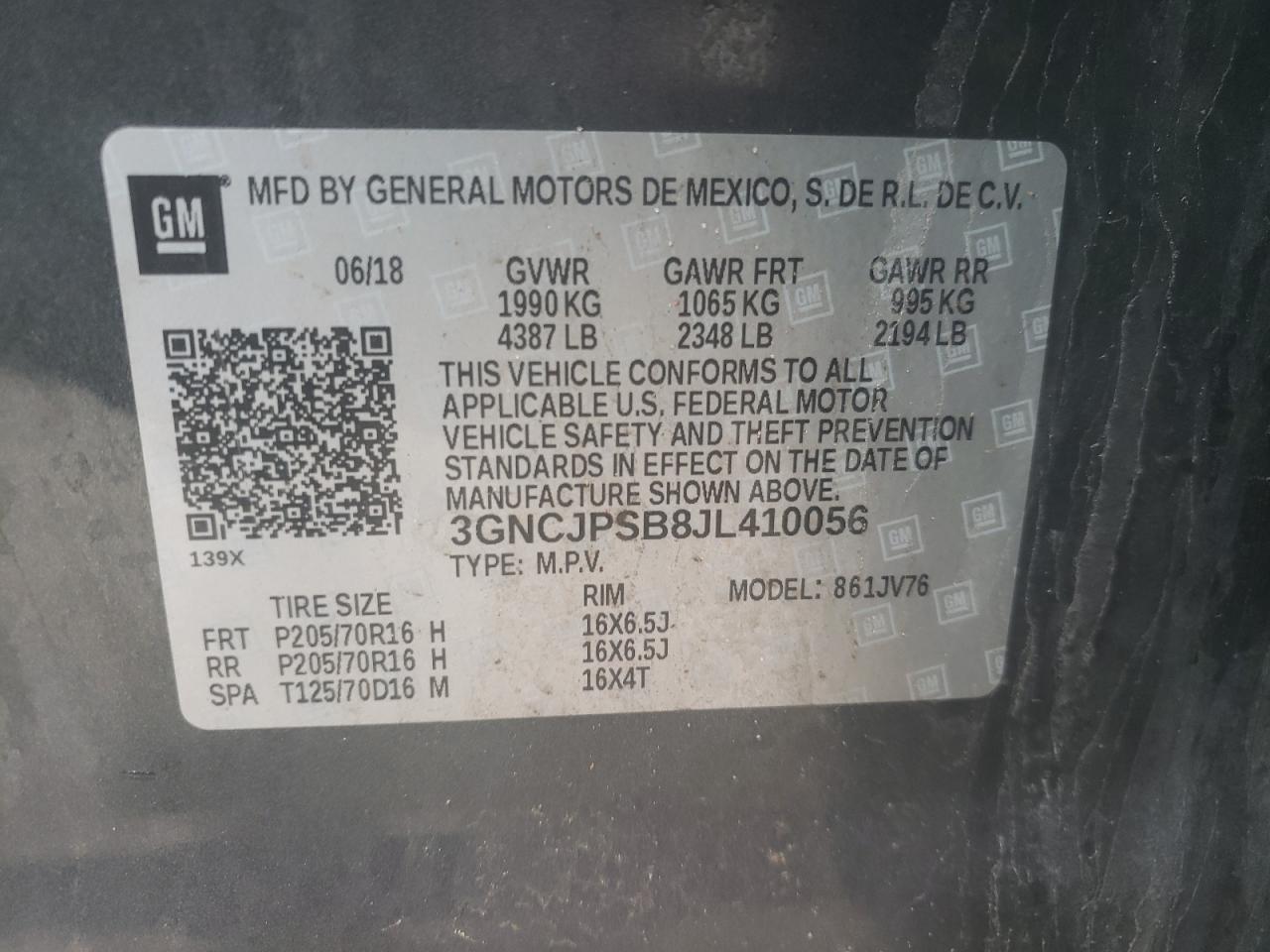 Photo 10 from auction – 2018 CHEVROLET TRAX 1LT with VIN 3GNCJPSB8JL410056