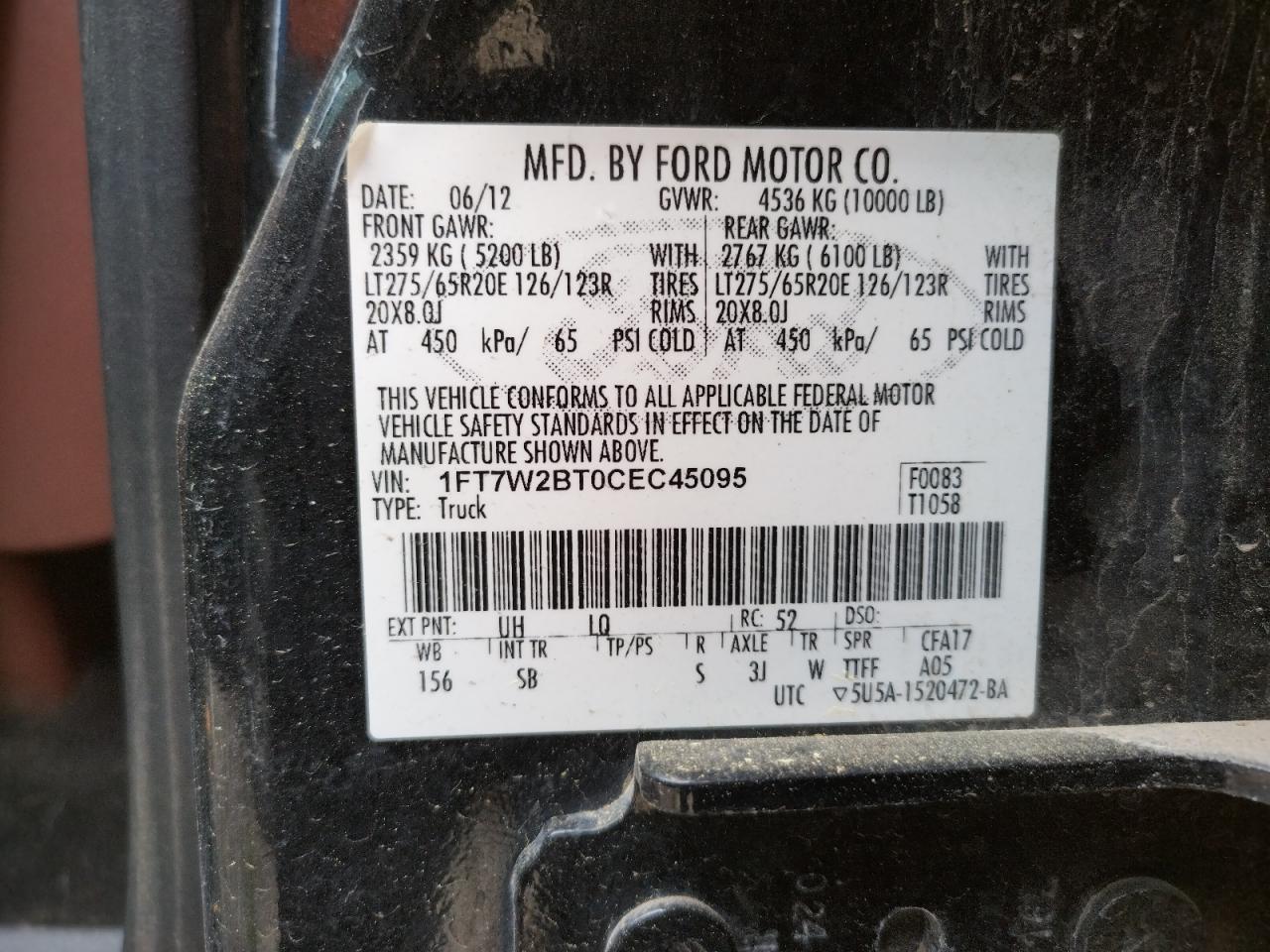 Photo 10 from auction – 2012 FORD F250 SUPER with VIN 1FT7W2BT0CEC45095