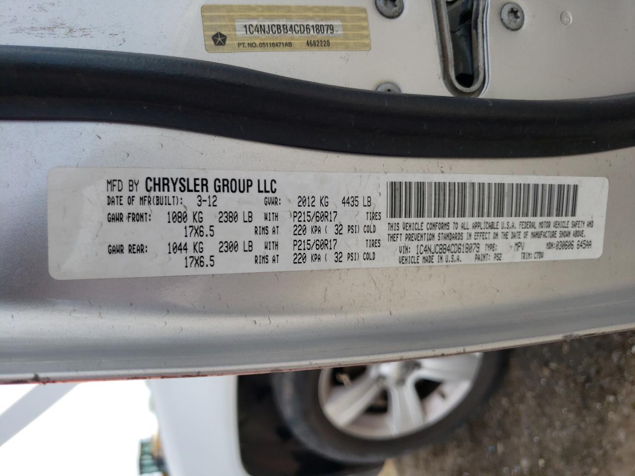 Photo 10 from auction – 2012 JEEP COMPASS SP with VIN 1C4NJCBB4CD618079