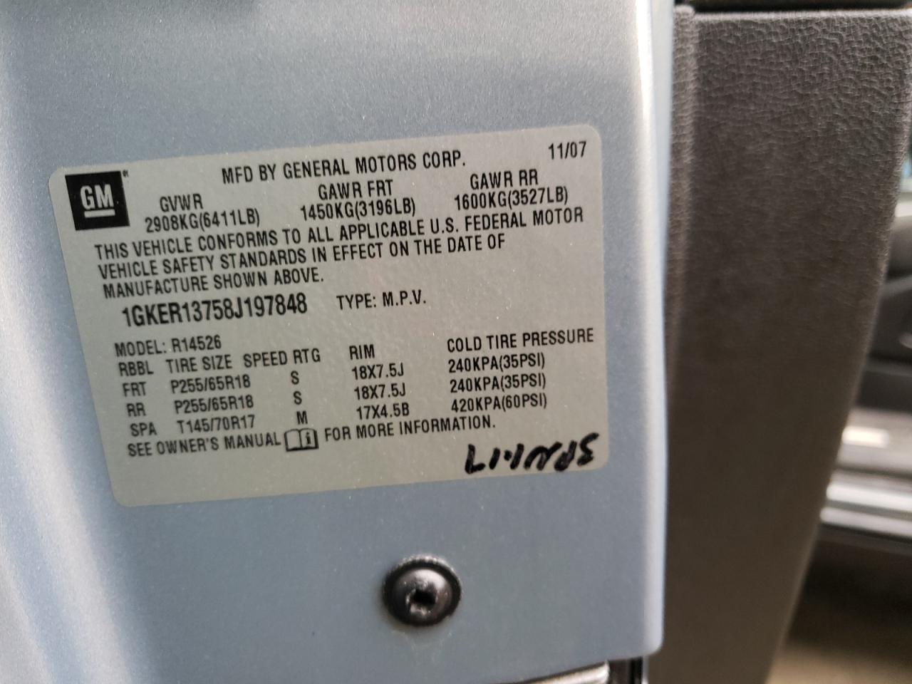 Photo 10 from auction – 2008 GMC ACADIA SLE with VIN 1GKER13758J197848