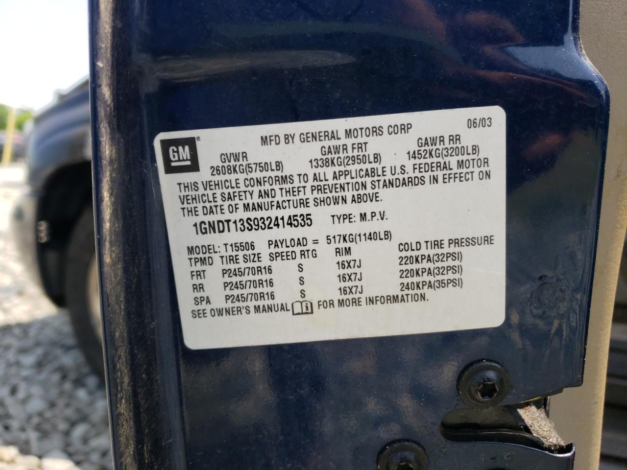 Photo 10 from auction – 2003 CHEVROLET TRAILBLAZE with VIN 1GNDT13S932414535