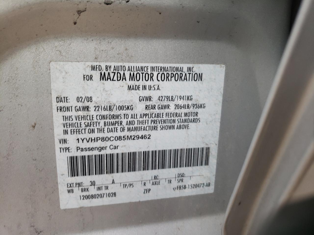 Photo 10 from auction – 2008 MAZDA 6 I with VIN 1YVHP80C085M29462