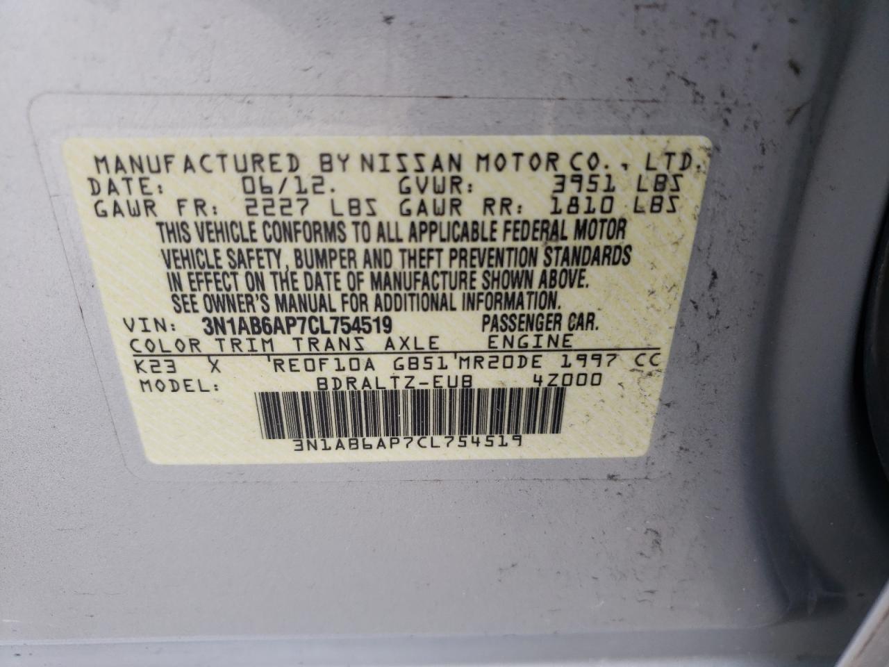 Photo 10 from auction – 2012 NISSAN SENTRA 2.0 with VIN 3N1AB6AP7CL754519