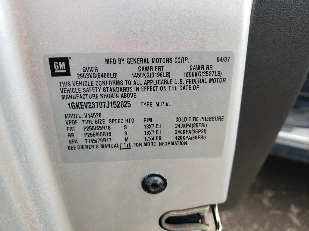 Photo 10 from auction – 2007 GMC ACADIA SLT with VIN 1GKEV23707J152025