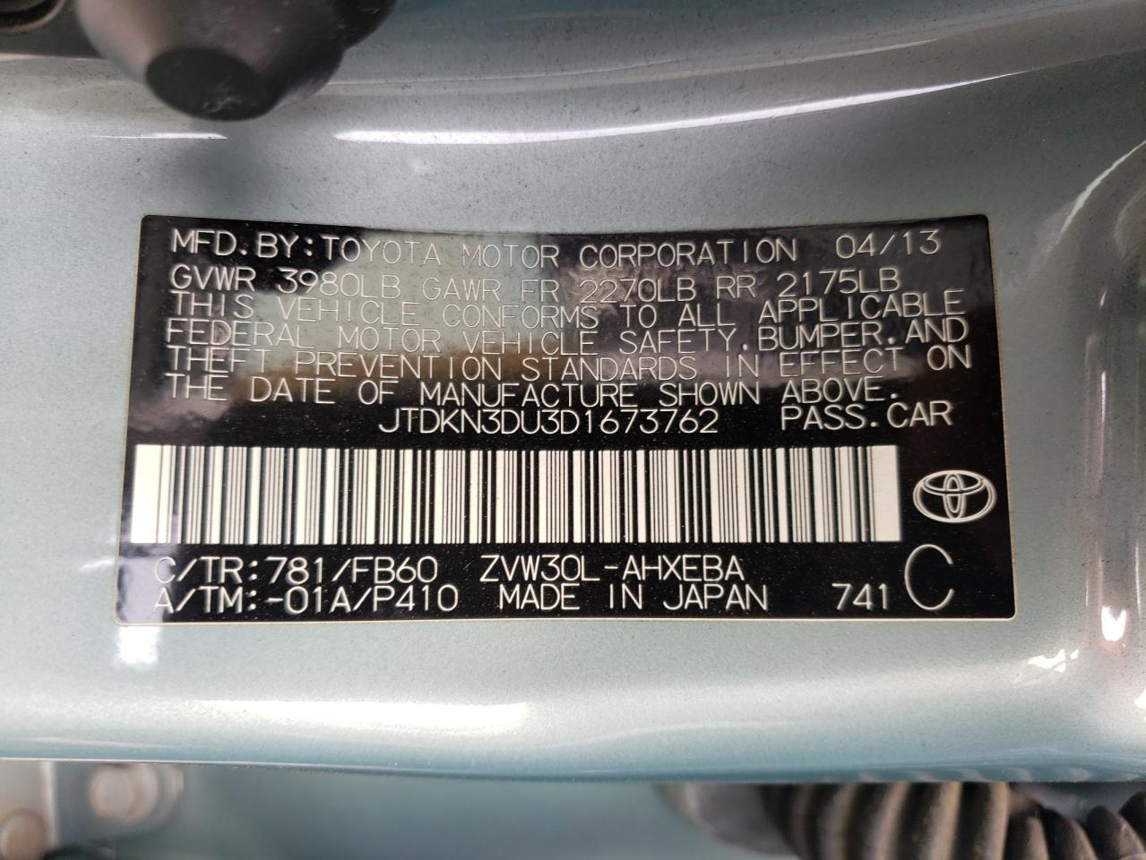 Photo 10 from auction – 2013 TOYOTA PRIUS with VIN JTDKN3DU3D1673762