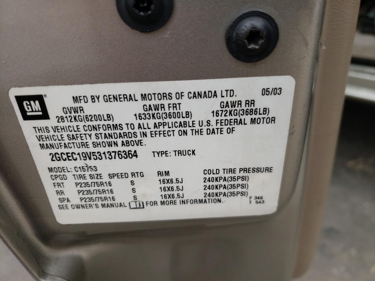 Photo 10 from auction – 2003 CHEVROLET SILVERADO with VIN 2GCEC19V531376364