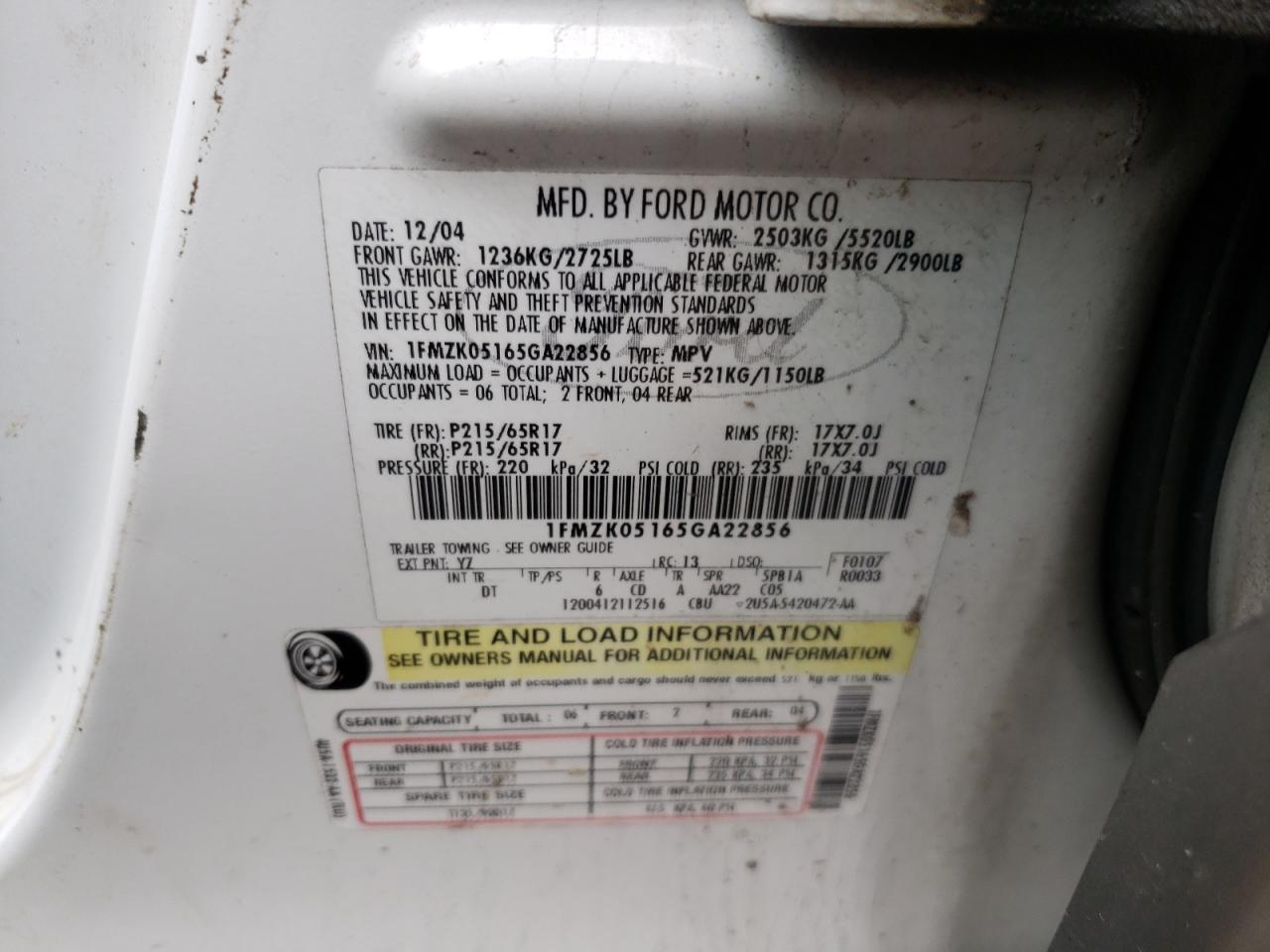 Photo 10 from auction – 2005 FORD FREESTYLE with VIN 1FMZK05165GA22856