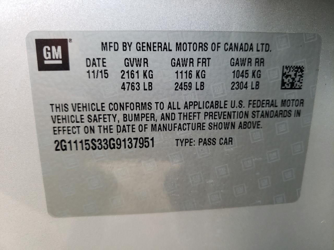 Photo 10 from auction – 2016 CHEVROLET IMPALA LT with VIN 2G1115S33G9137951
