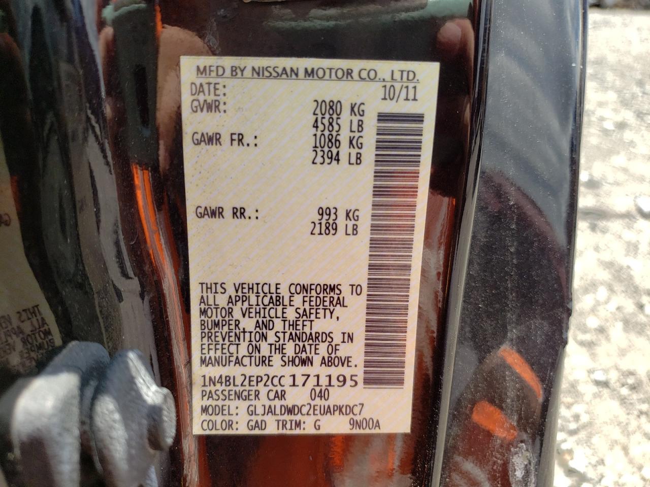 Photo 10 from auction – 2012 NISSAN ALTIMA SR with VIN 1N4BL2EP2CC171195