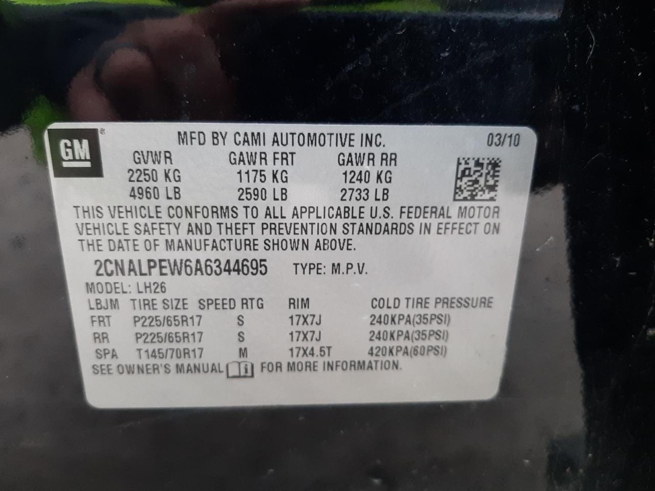 Photo 10 from auction – 2010 CHEVROLET EQUINOX LT with VIN 2CNALPEW6A6344695