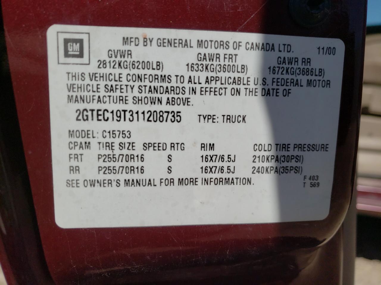 Photo 10 from auction – 2001 GMC NEW SIERRA with VIN 2GTEC19T311208735