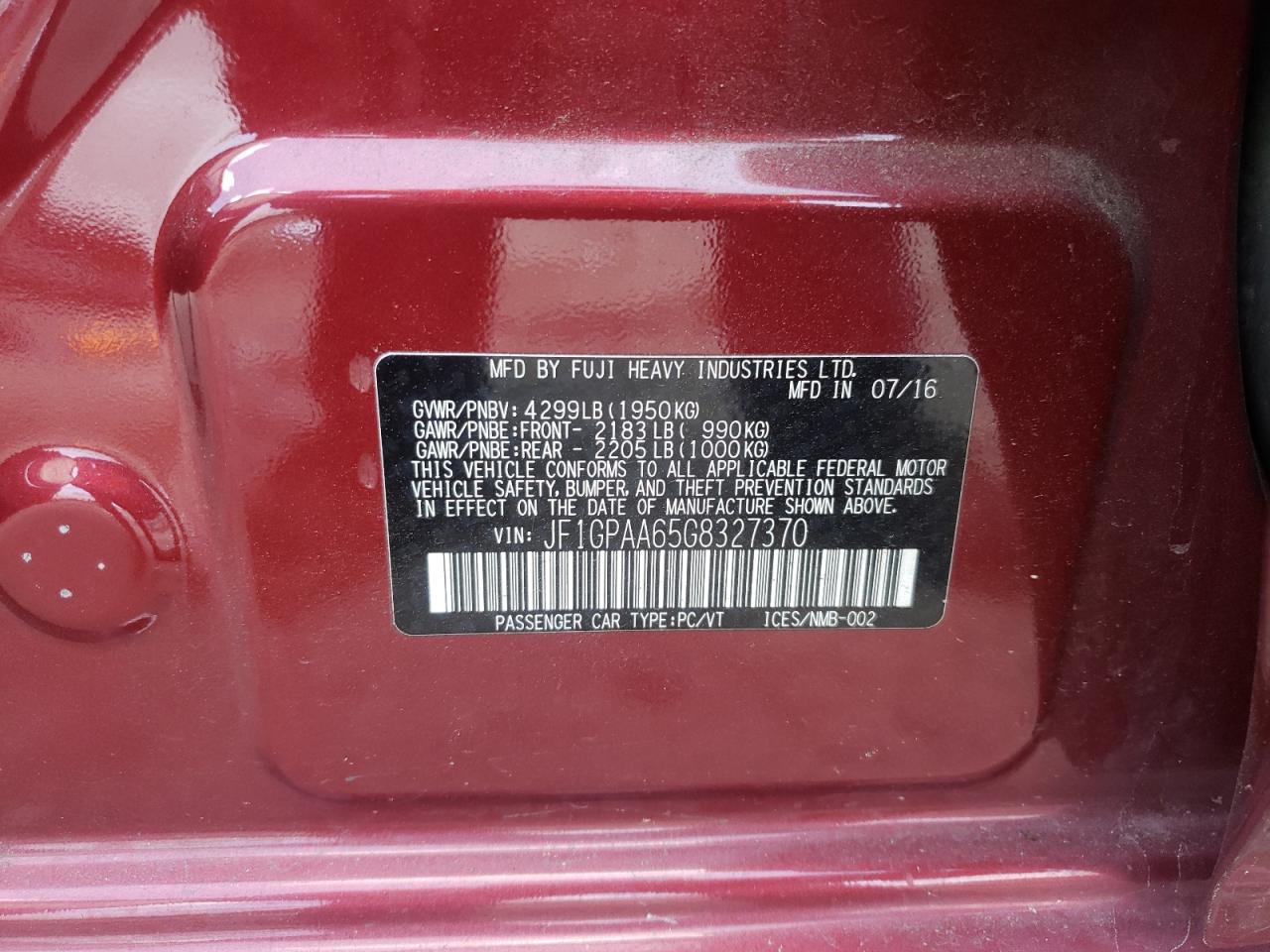 Photo 10 from auction – 2016 SUBARU IMPREZA with VIN JF1GPAA65G8327370