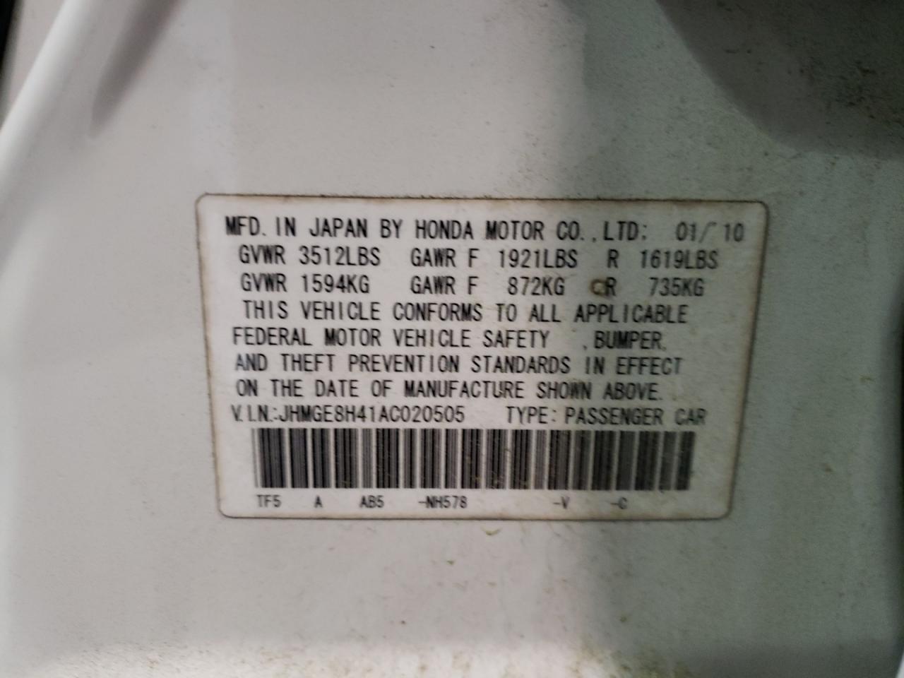 Photo 10 from auction – 2010 HONDA FIT with VIN JHMGE8H41AC020505
