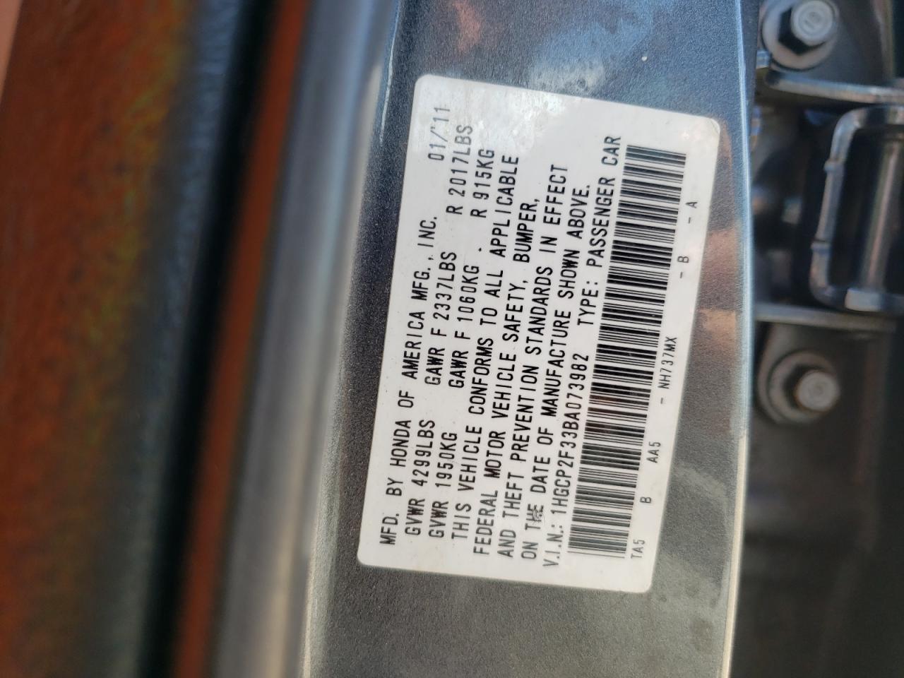 Photo 10 from auction – 2011 HONDA ACCORD LX with VIN 1HGCP2F33BA073982