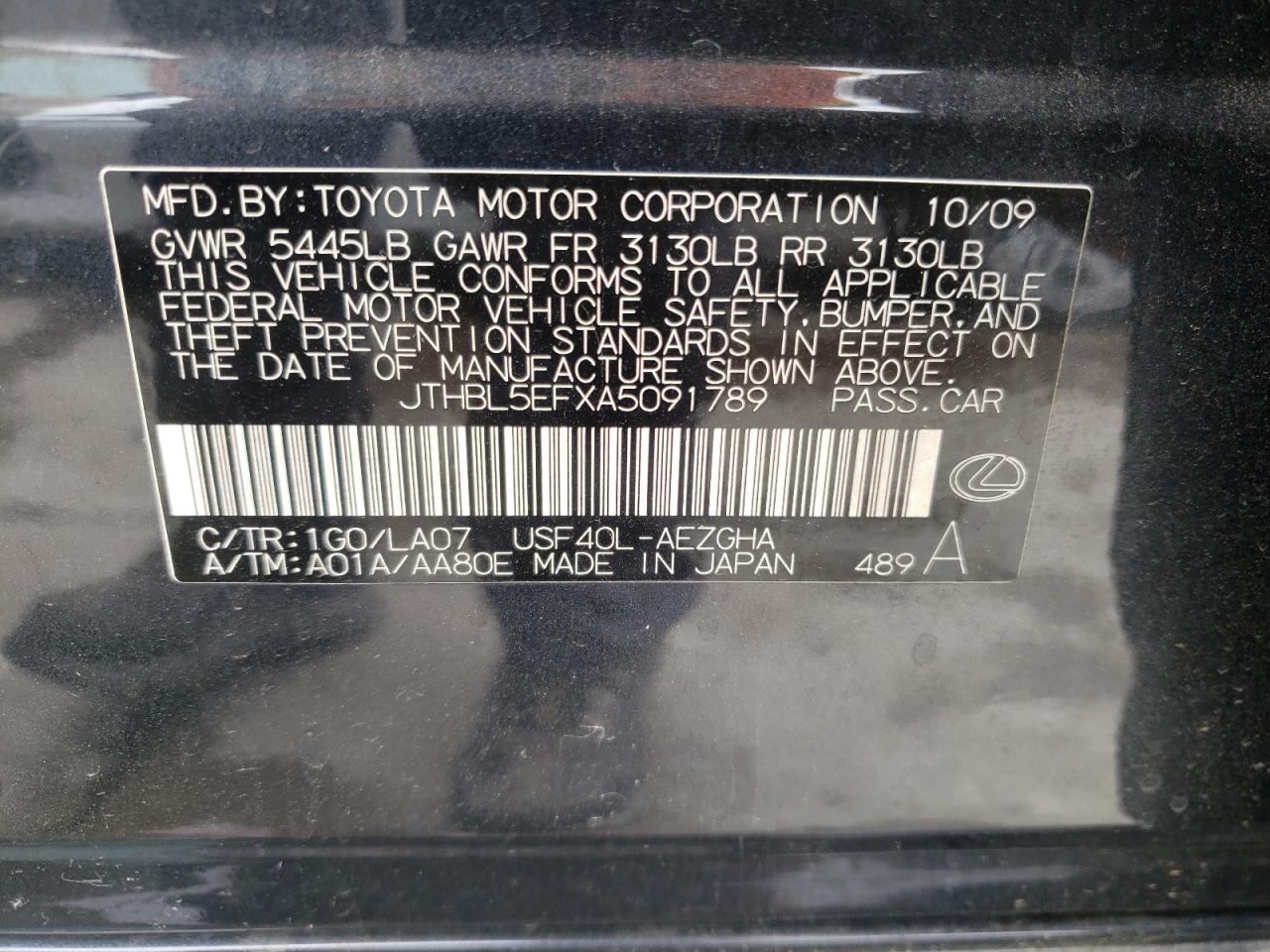 Photo 10 from auction – 2010 LEXUS LS 460 with VIN JTHBL5EFXA5091789