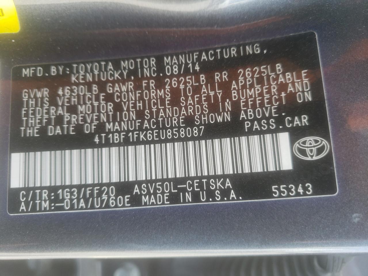 Photo 10 from auction – 2014 TOYOTA CAMRY L with VIN 4T1BF1FK6EU858087