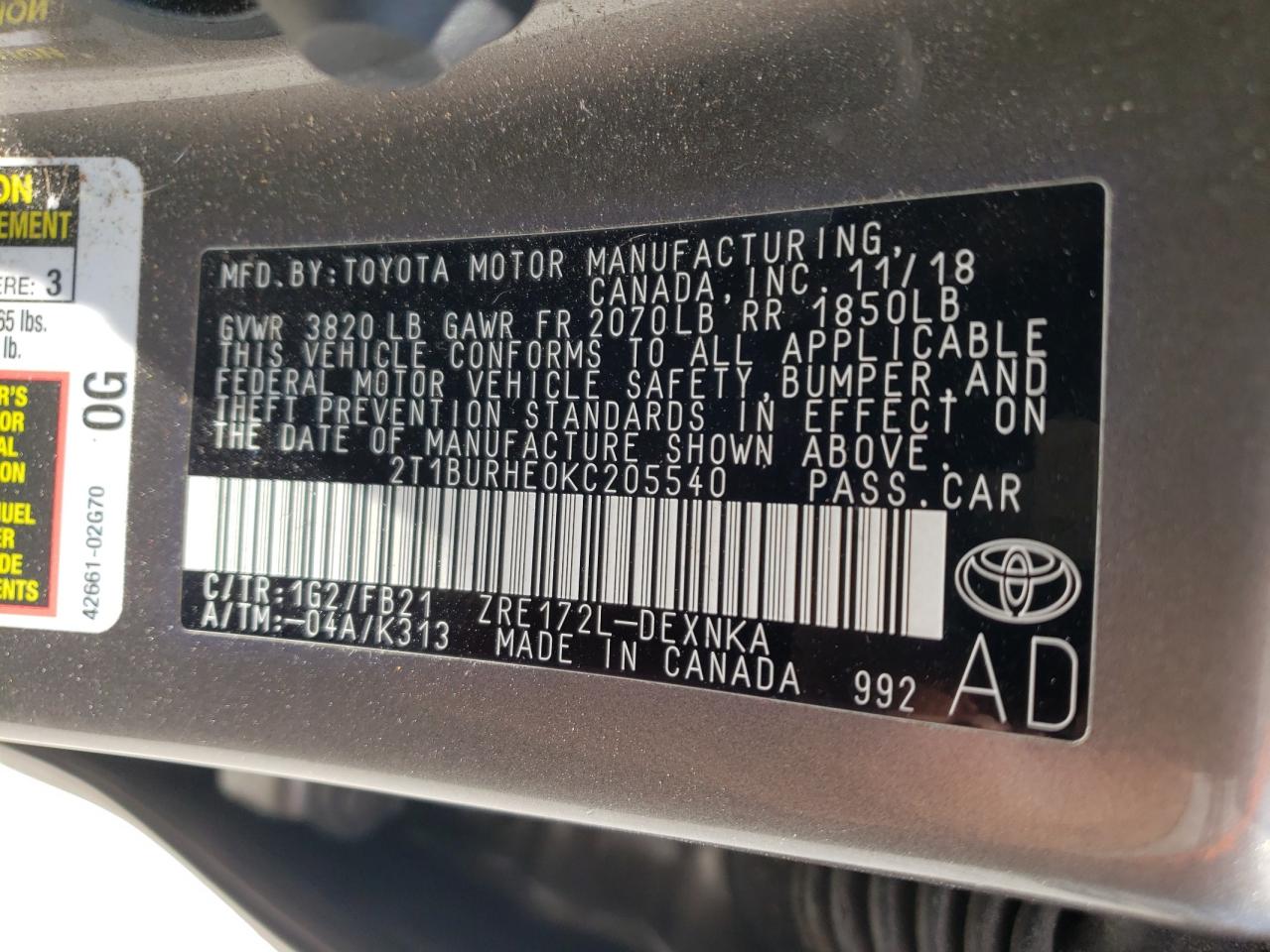 Photo 10 from auction – 2019 TOYOTA COROLLA L with VIN 2T1BURHE0KC205540