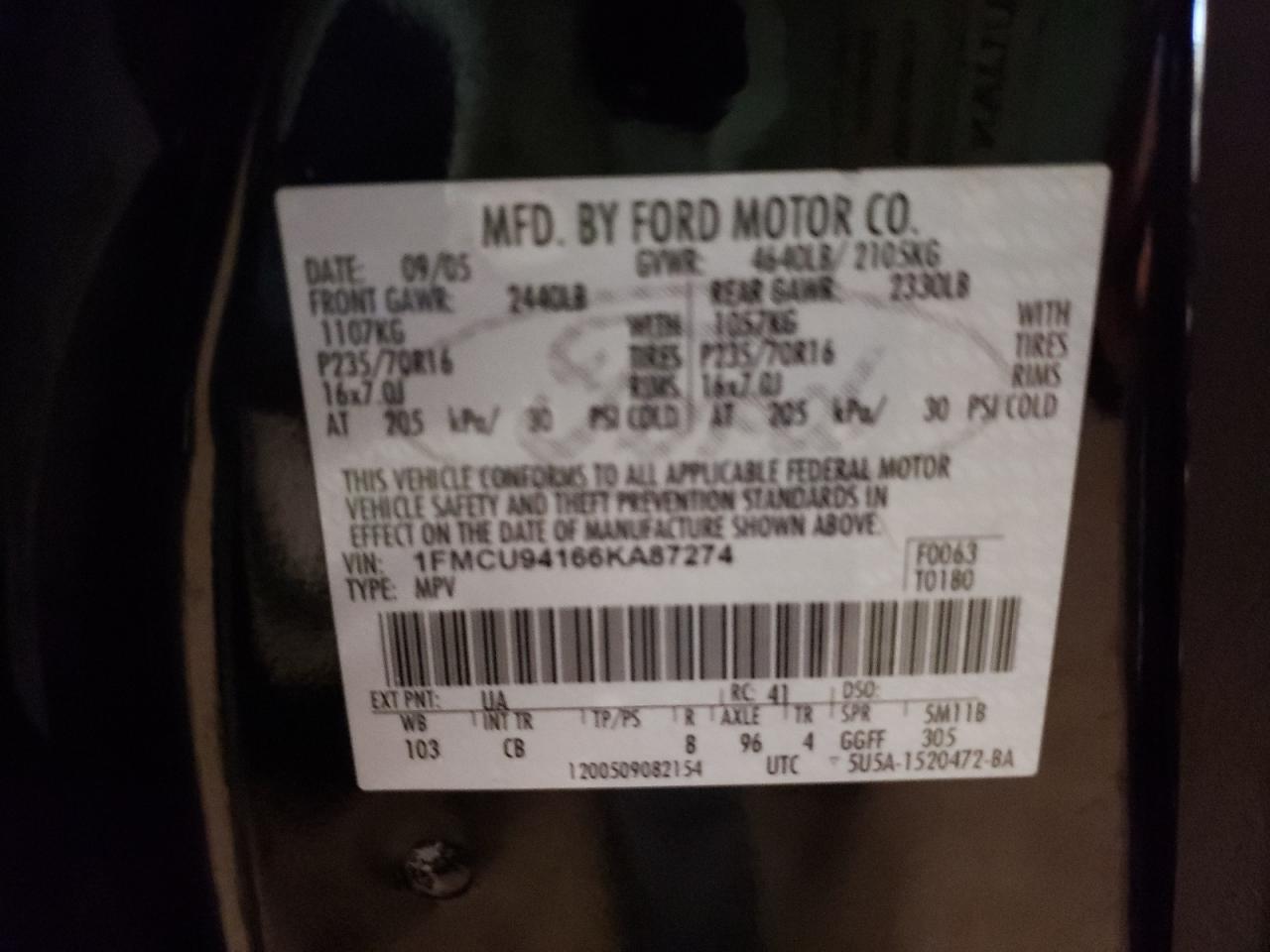 Photo 10 from auction – 2006 FORD ESCAPE LIM with VIN 1FMCU94166KA87274