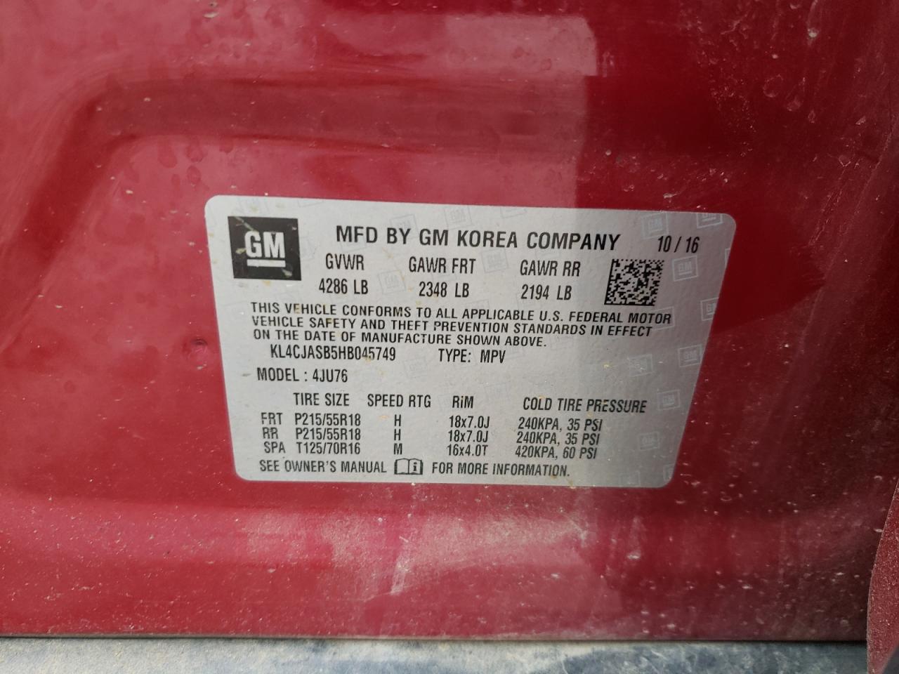 Photo 10 from auction – 2017 BUICK ENCORE PRE with VIN KL4CJASB5HB045749