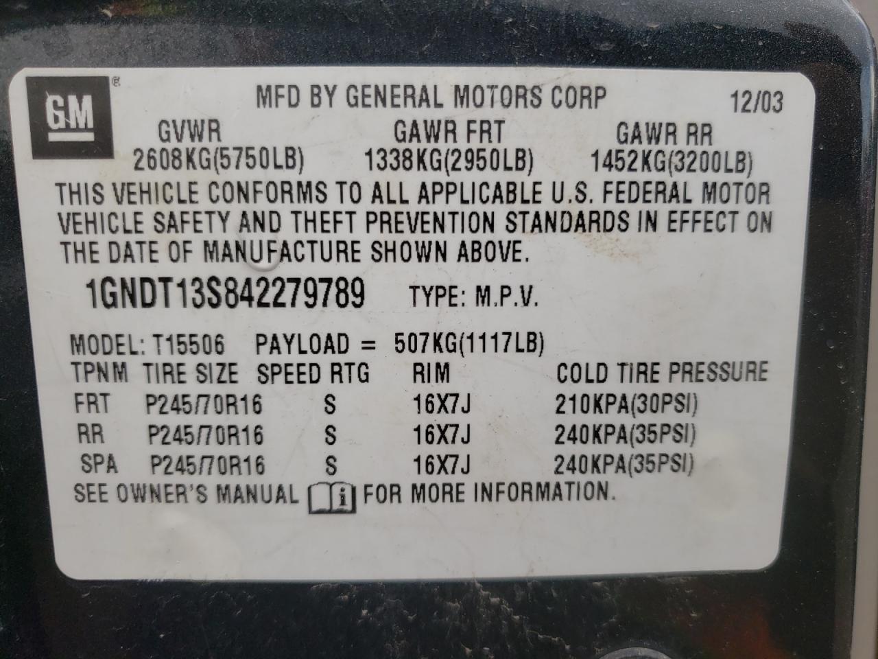 Photo 10 from auction – 2004 CHEVROLET TRAILBLAZE with VIN 1GNDT13S842279789