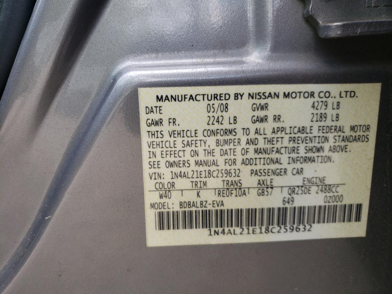 Photo 10 from auction – 2008 NISSAN ALTIMA 2.5 with VIN 1N4AL21E18C259632