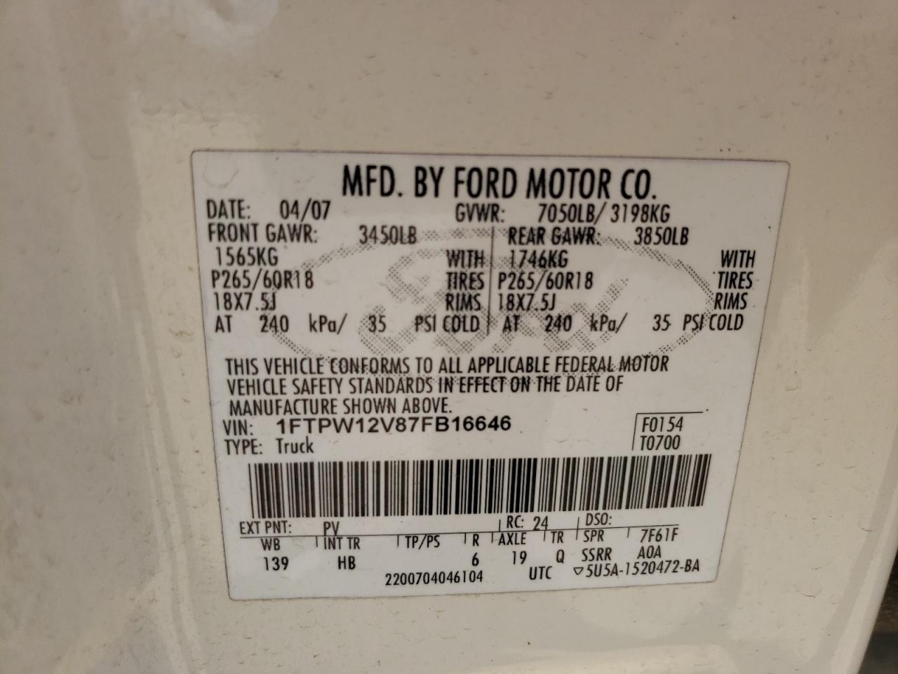 Photo 10 from auction – 2007 FORD F150 SUPER with VIN 1FTPW12V87FB16646