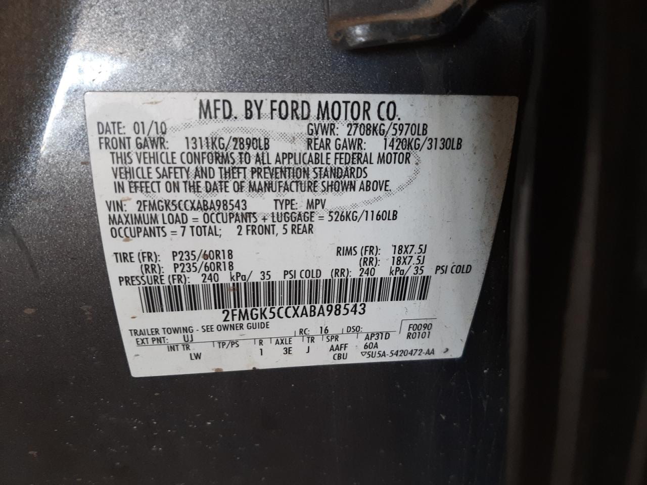 Photo 10 from auction – 2010 FORD FLEX SEL with VIN 2FMGK5CCXABA98543