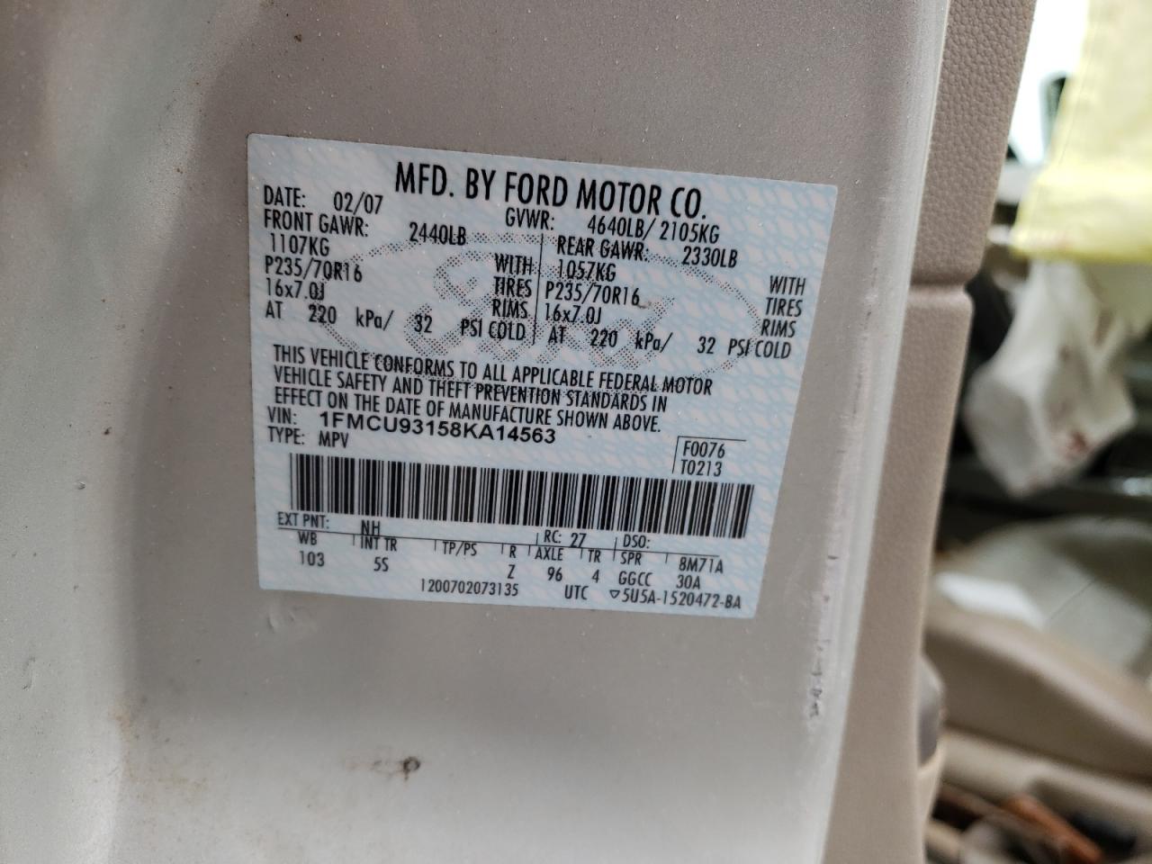 Photo 10 from auction – 2008 FORD ESCAPE XLT with VIN 1FMCU93158KA14563